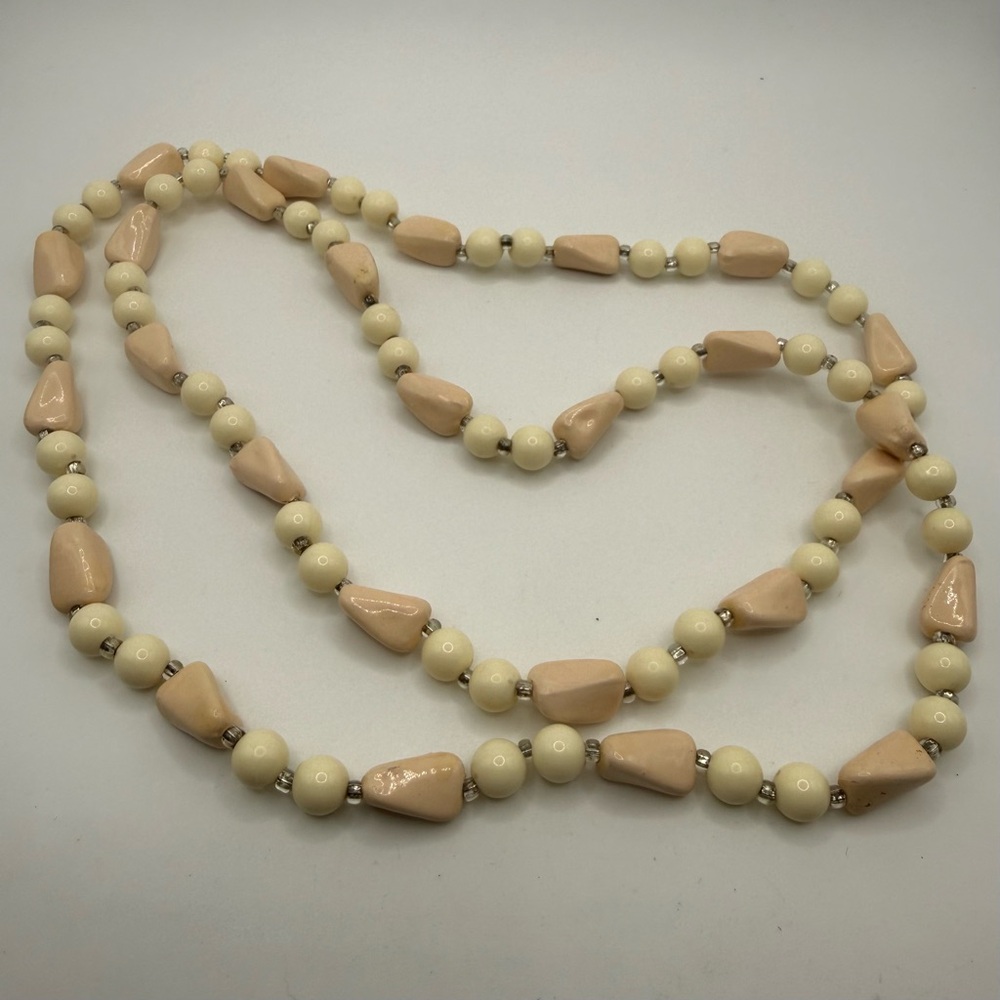 Vintage Long Beaded Necklace Light Pink & Cream 24”